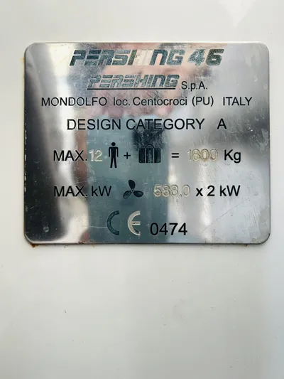  Yacht Photos Pics Plaque of 2006 Pershing 46 boat, design category A, max 12 people, 1800 kg.