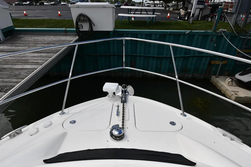 Seriously Yacht Photos Pics Bow view of 2005 Sea Ray 390 Motor Yacht docked at marina.