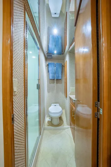 Fortitude Yacht Photos Pics Compact bathroom in a 2001 Hatteras 50 Convertible yacht, featuring a shower and toilet.