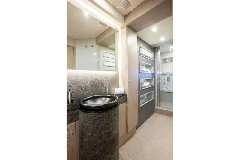Matsu Yacht Photos Pics Luxurious bathroom interior of 2018 Ferretti Yachts 650, featuring modern fixtures and elegant design.