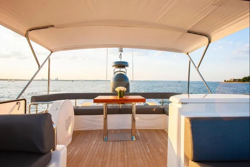 Matsu Yacht Photos Pics Luxurious 2018 Ferretti Yachts 650 deck with ocean view and elegant seating area.