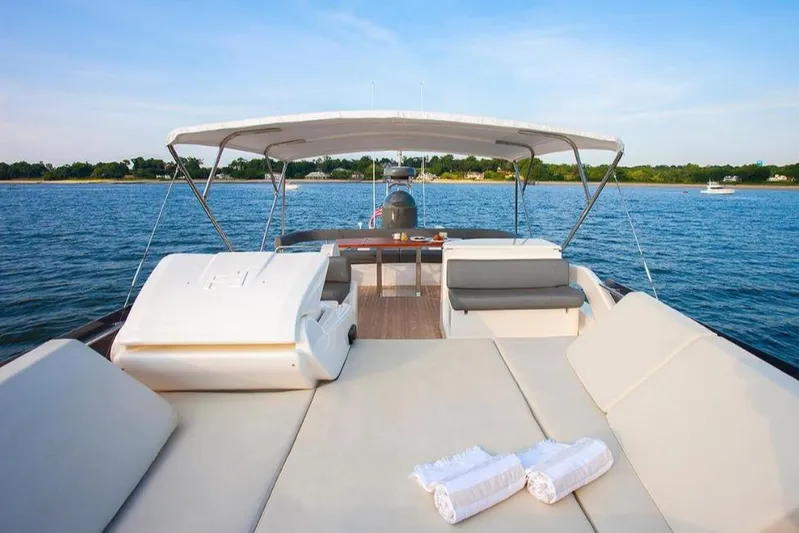 Matsu Yacht Photos Pics Luxurious 2018 Ferretti Yachts 650 on serene water, featuring spacious sun deck and seating.