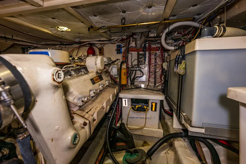 Skagit Song Yacht Photos Pics Engine room of 1984 Grand Banks 36 Sedan, showcasing machinery and wiring.