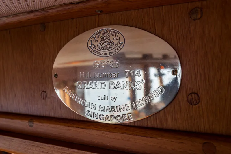 Skagit Song Yacht Photos Pics 1984 Grand Banks 36 Sedan nameplate, hull number 714, built by American Marine Limited, Singapore.
