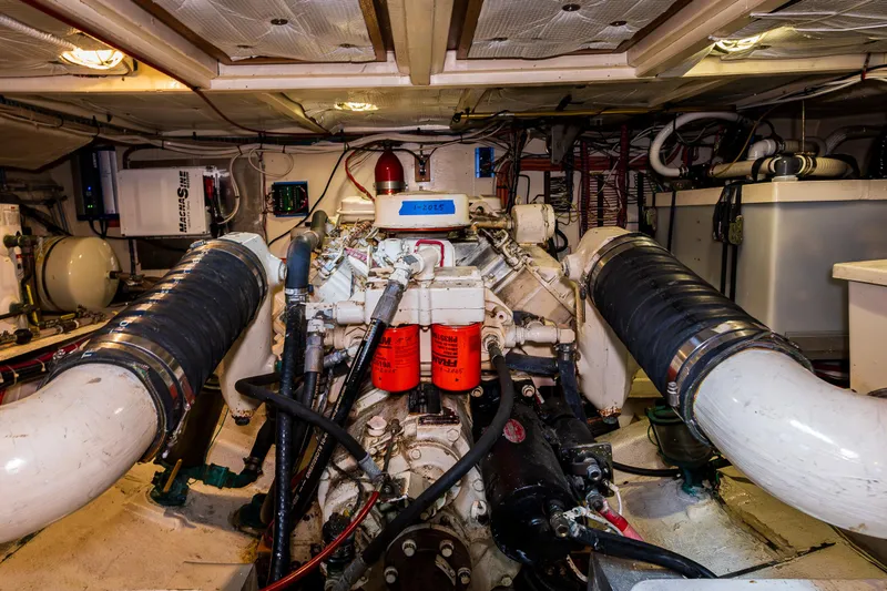 Skagit Song Yacht Photos Pics Engine room of a 1984 Grand Banks 36 Sedan, showcasing mechanical components and systems.