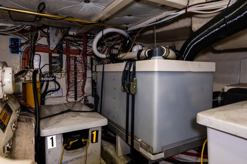 Skagit Song Yacht Photos Pics Engine room of 1984 Grand Banks 36 Sedan with batteries and wiring.