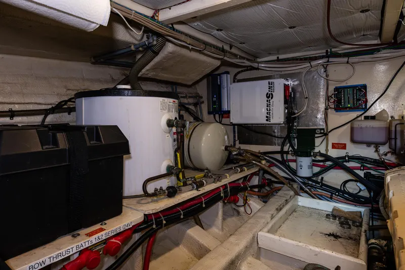 Skagit Song Yacht Photos Pics Engine room of 1984 Grand Banks 36 Sedan with various equipment and wiring.