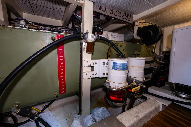 Skagit Song Yacht Photos Pics Engine room of 1984 Grand Banks 36 Sedan with fuel filters and gauges.