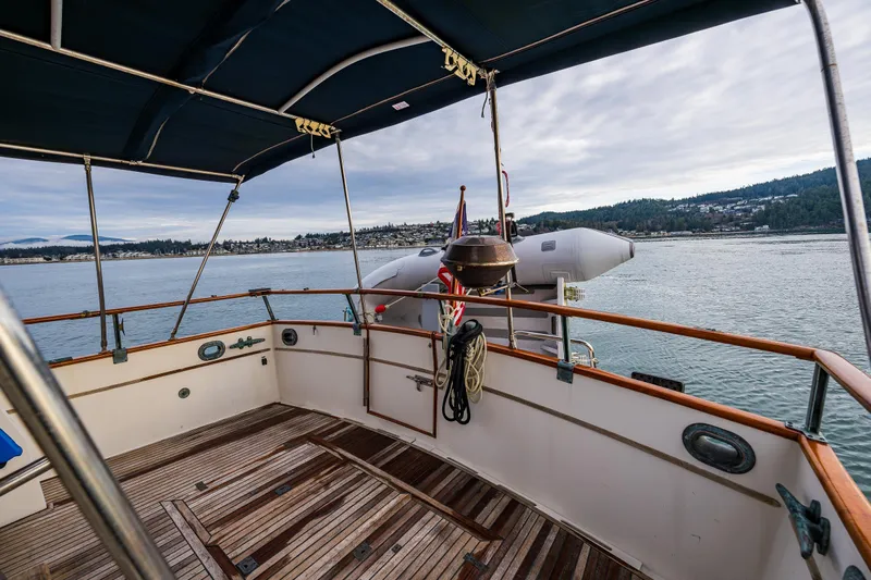 Skagit Song Yacht Photos Pics 1984 Grand Banks 36 Sedan yacht deck with scenic water view.