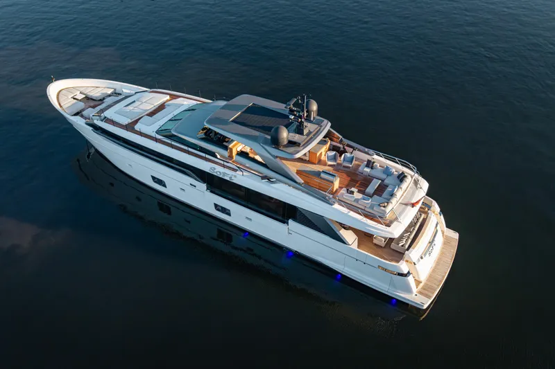 Sofi VI Yacht Photos Pics 2023 Sanlorenzo SL120A luxury yacht on calm water, aerial view.