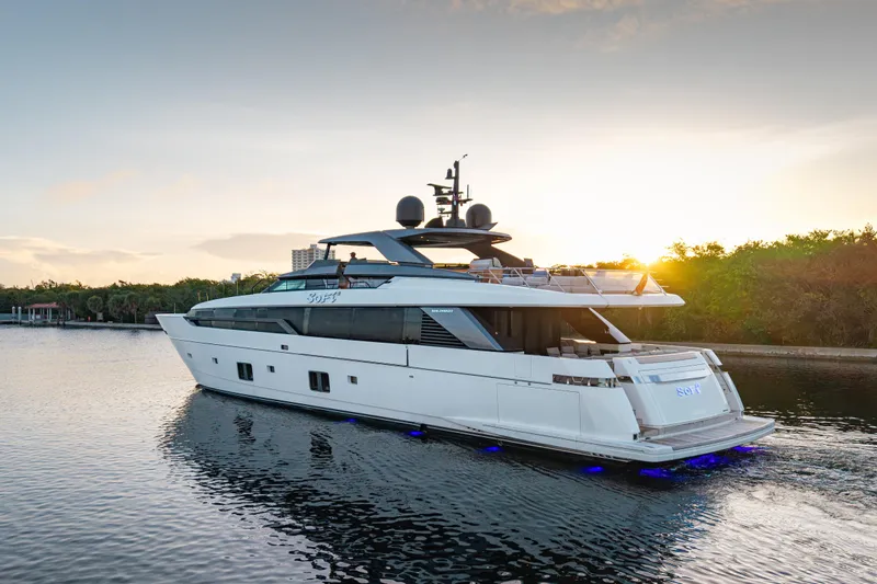 Sofi VI Yacht Photos Pics 2023 Sanlorenzo SL120A yacht cruising at sunset on calm waters.