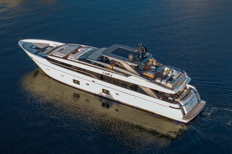 Sofi VI Yacht Photos Pics Luxurious 2023 Sanlorenzo SL120A yacht cruising on calm waters, showcasing sleek design and elegance.