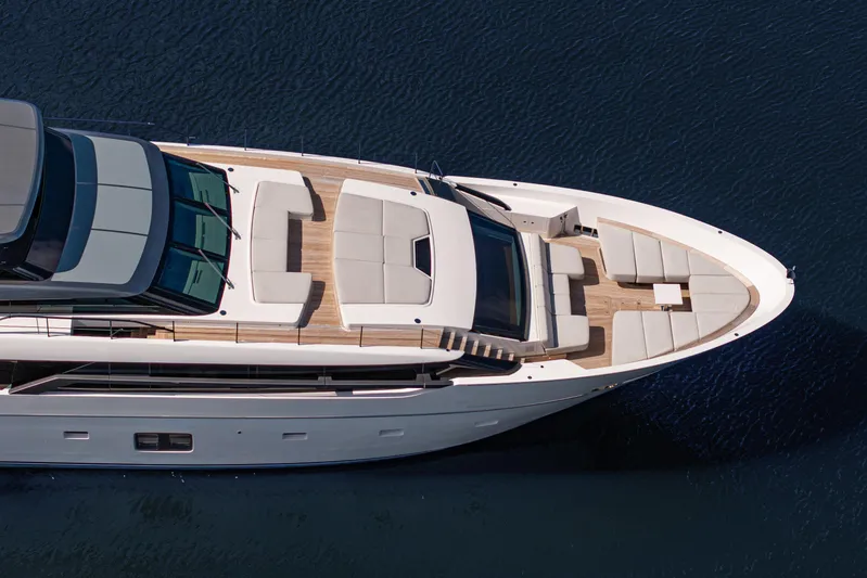 Sofi VI Yacht Photos Pics Aerial view of 2023 Sanlorenzo SL120A luxury yacht on water.