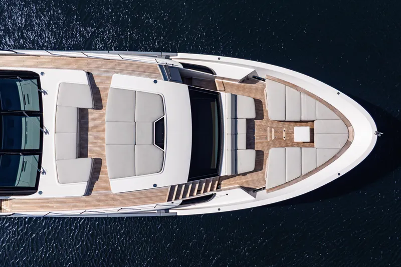 Sofi VI Yacht Photos Pics Top view of 2023 Sanlorenzo SL120A yacht with elegant deck and seating.