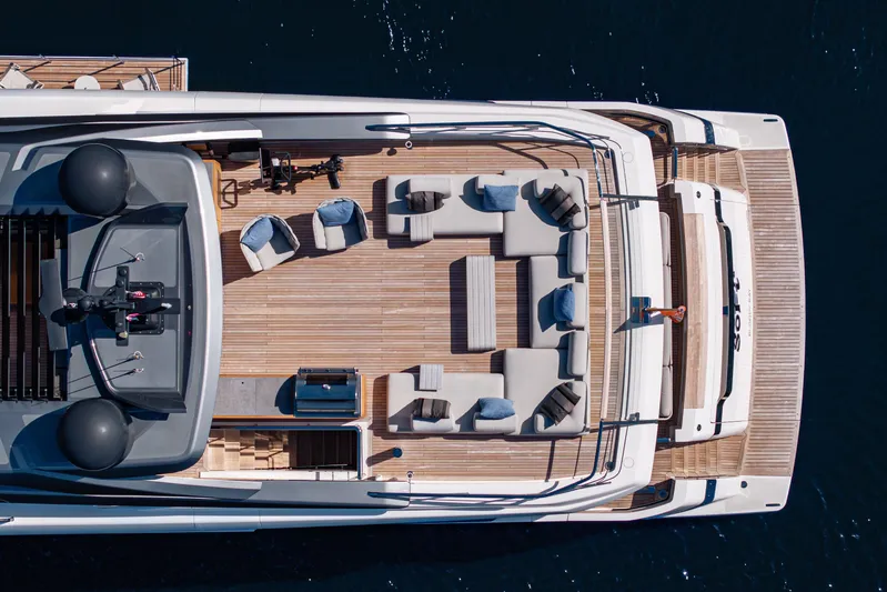 Sofi VI Yacht Photos Pics Aerial view of 2023 Sanlorenzo SL120A yacht with spacious deck and seating area.