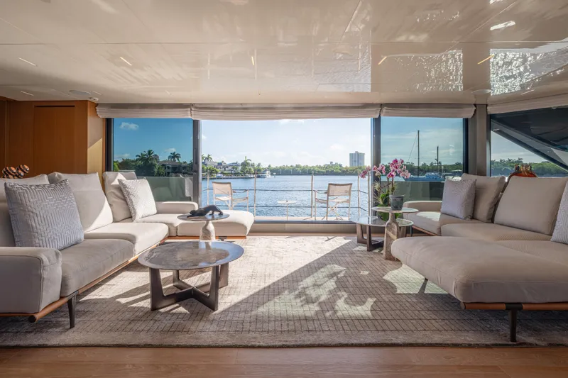 Sofi VI Yacht Photos Pics Luxurious 2023 Sanlorenzo SL120A yacht interior with elegant seating and panoramic ocean view.
