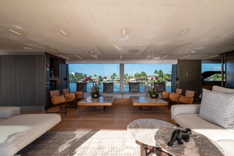 Sofi VI Yacht Photos Pics Luxurious interior of 2023 Sanlorenzo SL120A yacht with elegant seating and scenic views.