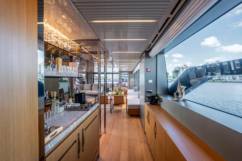 Sofi VI Yacht Photos Pics Luxurious interior of 2023 Sanlorenzo SL120A yacht with modern design and panoramic windows.