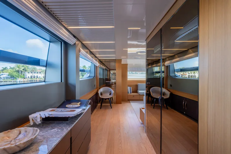 Sofi VI Yacht Photos Pics Luxurious interior of 2023 Sanlorenzo SL120A yacht with modern design and large windows.