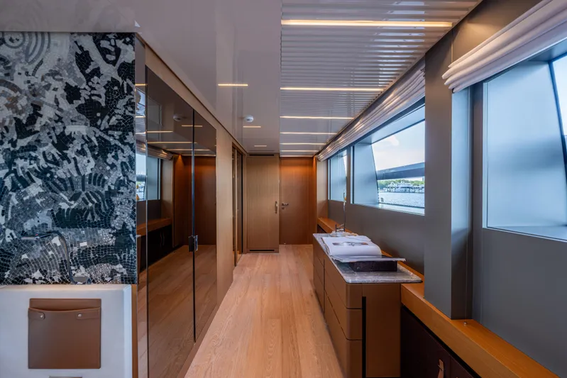 Sofi VI Yacht Photos Pics Luxurious interior of 2023 Sanlorenzo SL120A yacht with modern design and large windows.