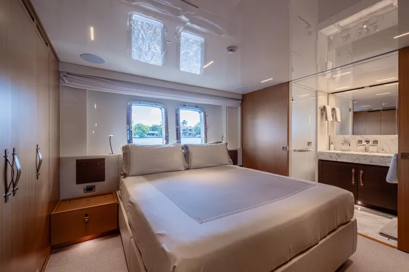 Sofi VI Yacht Photos Pics Luxurious bedroom interior of 2023 Sanlorenzo SL120A yacht with elegant design and natural light.