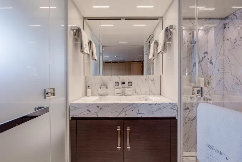 Sofi VI Yacht Photos Pics Luxurious bathroom in 2023 Sanlorenzo SL120A yacht with marble sink and modern fixtures.