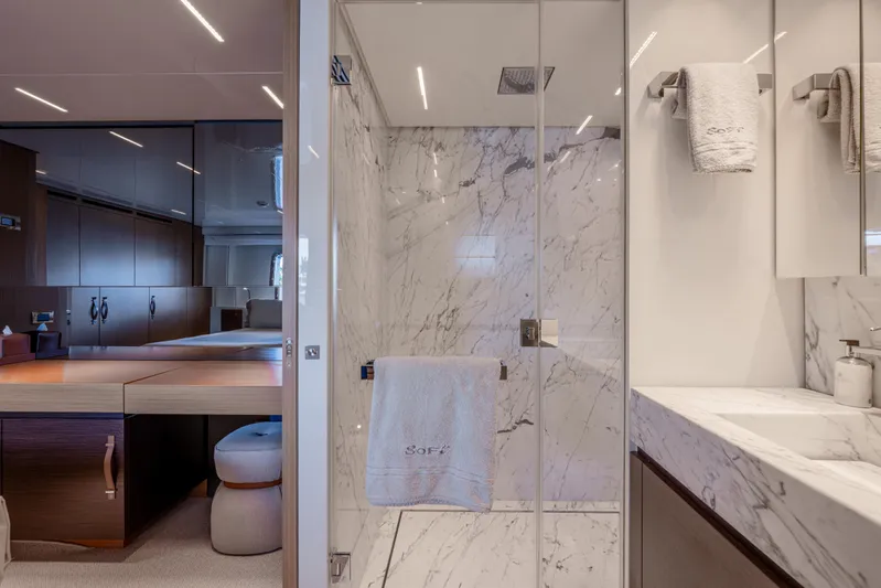 Sofi VI Yacht Photos Pics Luxurious bathroom on 2023 Sanlorenzo SL120A yacht with marble shower and modern vanity.