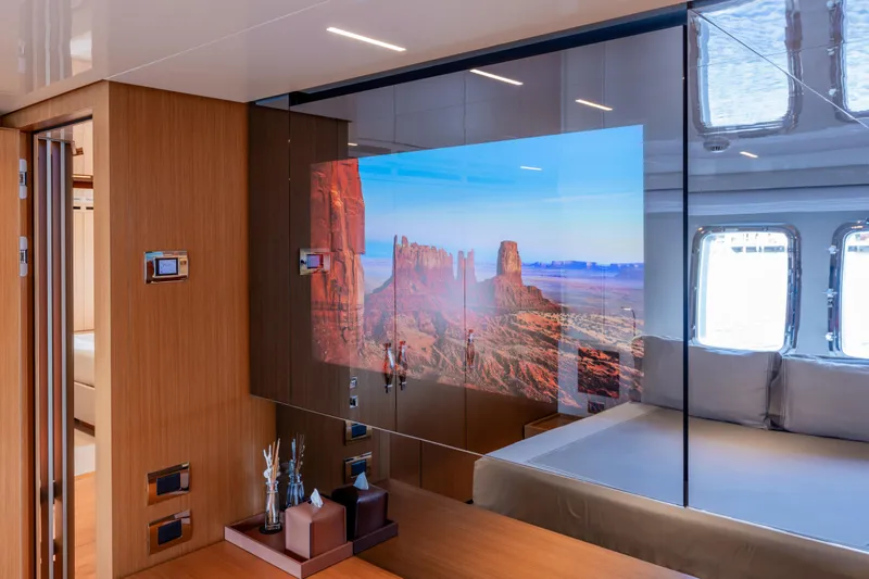 Sofi VI Yacht Photos Pics Luxurious interior of 2023 Sanlorenzo SL120A yacht with modern decor and scenic display.