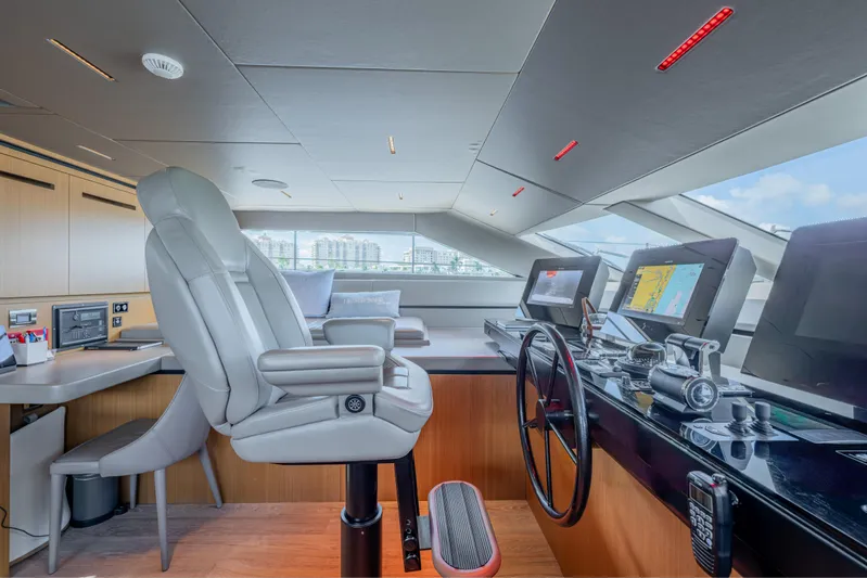 Sofi VI Yacht Photos Pics Modern helm station of 2023 Sanlorenzo SL120A yacht with advanced navigation systems.
