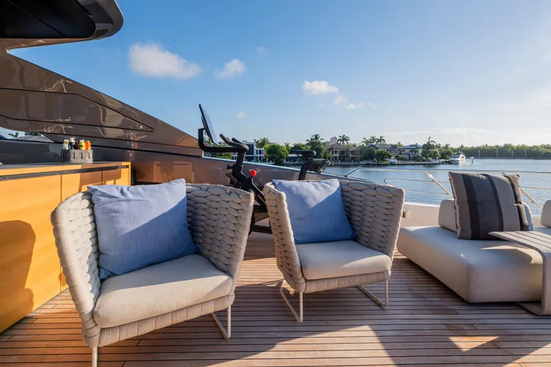 Sofi VI Yacht Photos Pics Luxurious 2023 Sanlorenzo SL120A yacht deck with stylish seating and scenic waterfront view.
