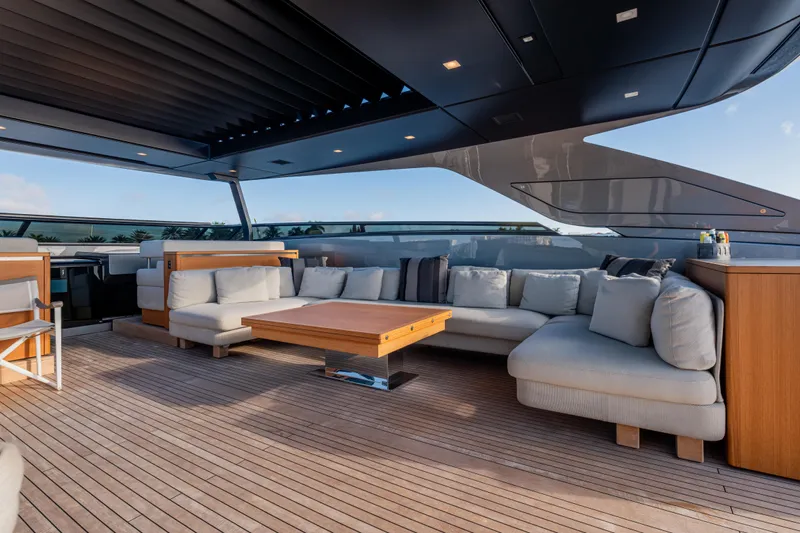 Sofi VI Yacht Photos Pics Luxurious 2023 Sanlorenzo SL120A yacht deck with modern seating and elegant design.