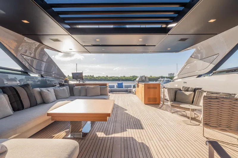 Sofi VI Yacht Photos Pics Luxurious 2023 Sanlorenzo SL120A yacht deck with elegant seating and modern design.
