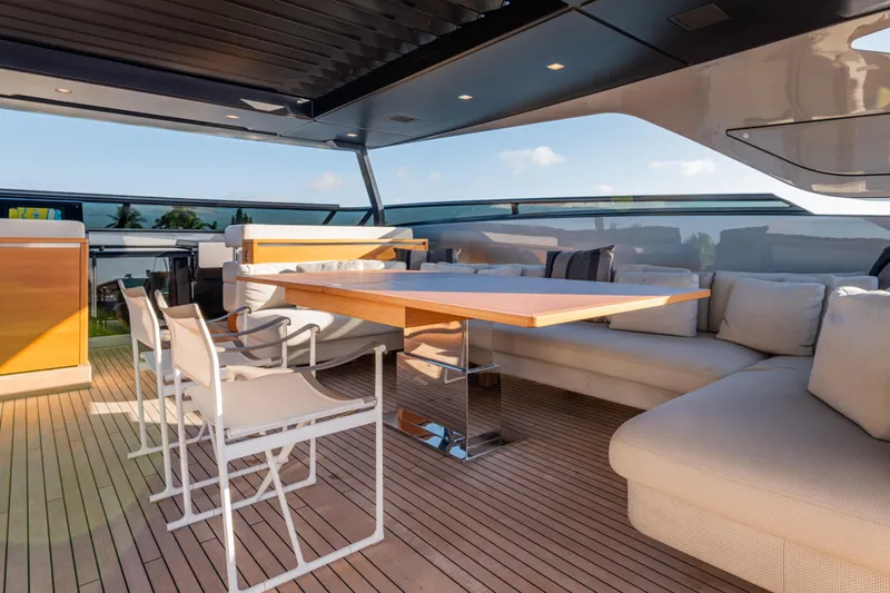 Sofi VI Yacht Photos Pics Luxurious 2023 Sanlorenzo SL120A yacht deck with elegant seating and modern design.