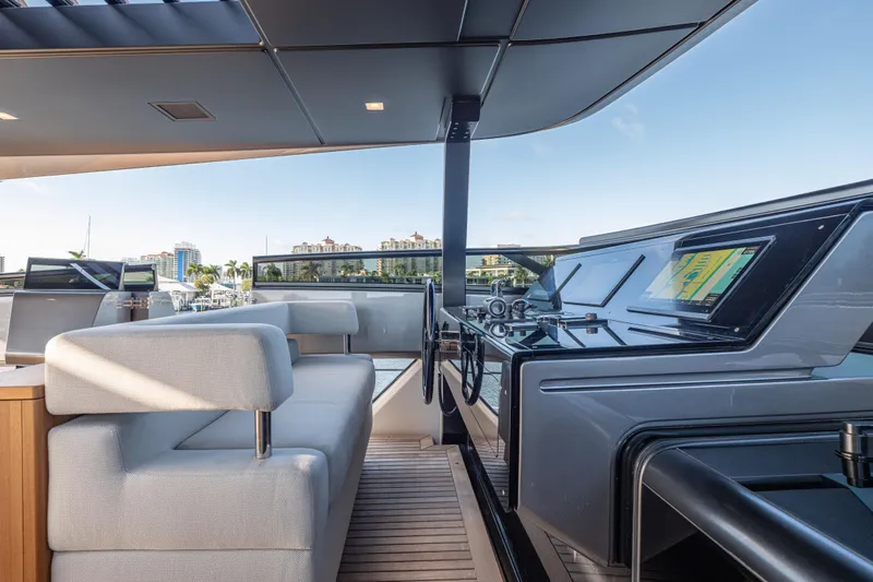 Sofi VI Yacht Photos Pics 2023 Sanlorenzo SL120A yacht helm with modern controls and luxurious seating.