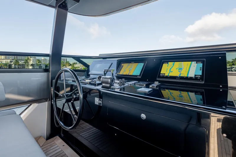 Sofi VI Yacht Photos Pics 2023 Sanlorenzo SL120A yacht helm with modern navigation displays and sleek design.