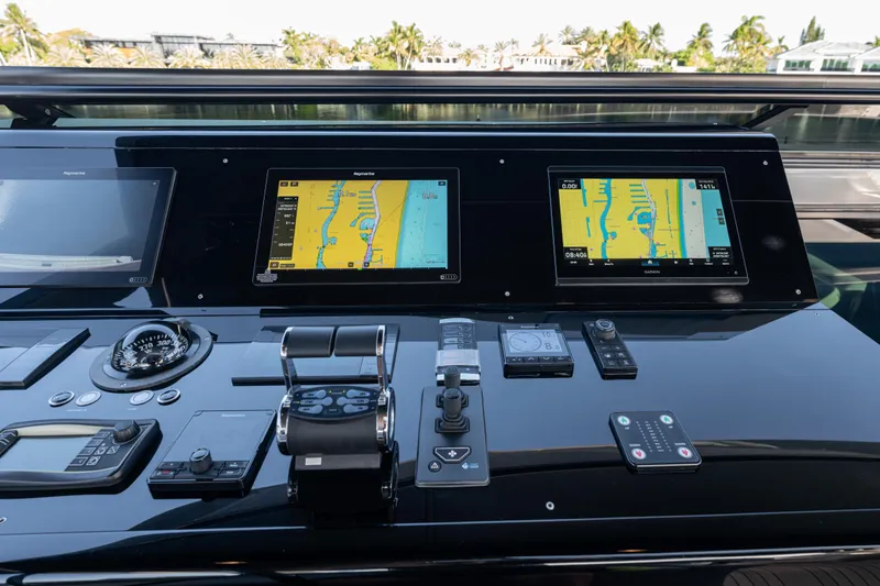 Sofi VI Yacht Photos Pics Control panel of 2023 Sanlorenzo SL120A yacht with navigation screens and instruments.