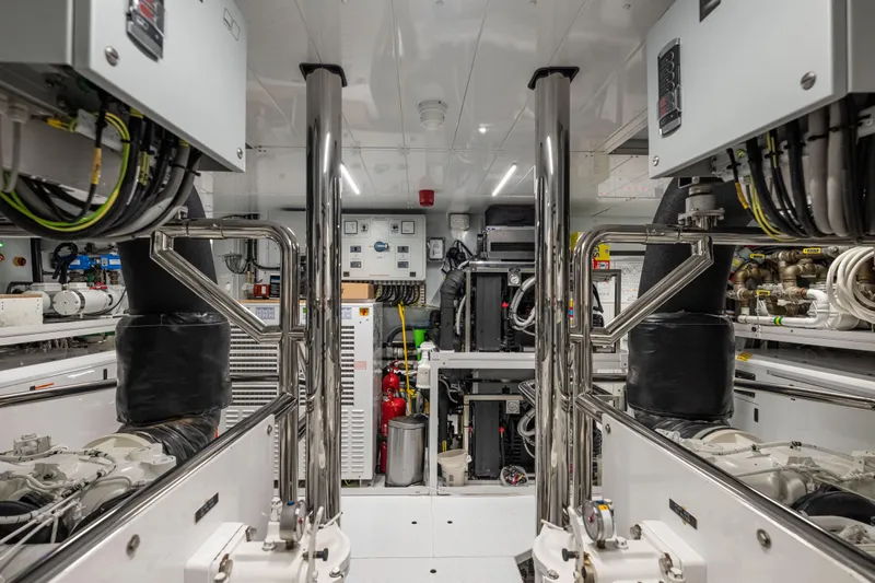Sofi VI Yacht Photos Pics Engine room of 2023 Sanlorenzo SL120A yacht, featuring advanced machinery and equipment.