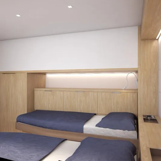  Yacht Photos Pics Modern cabin interior of 2025 Pro Boat Yachts CAT 62 FD, featuring sleek wooden design and cozy beds.