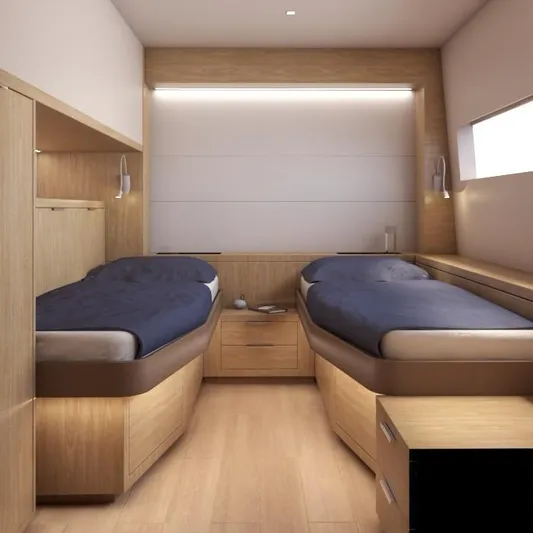  Yacht Photos Pics Luxurious twin cabin interior of 2025 Pro Boat Yachts CAT 62 FD, featuring modern wood finishes.