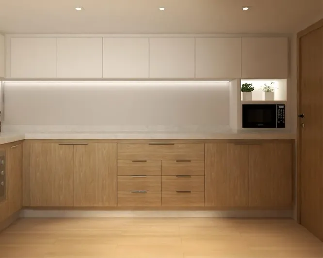  Yacht Photos Pics Modern yacht kitchen with wooden cabinets, built-in microwave, and sleek lighting on Pro Boat Yachts CAT 62 FD.