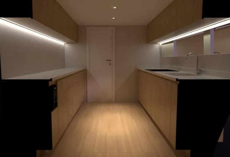  Yacht Photos Pics Modern kitchen interior in 2025 Pro Boat Yachts CAT 62 FD, featuring sleek cabinetry and ambient lighting.