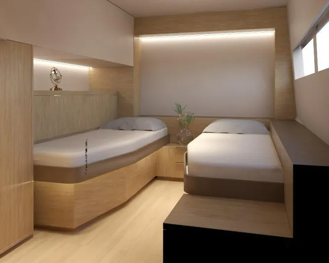  Yacht Photos Pics Luxurious twin bedroom in 2025 Pro Boat Yachts CAT 62 FD, featuring modern design and ambient lighting.