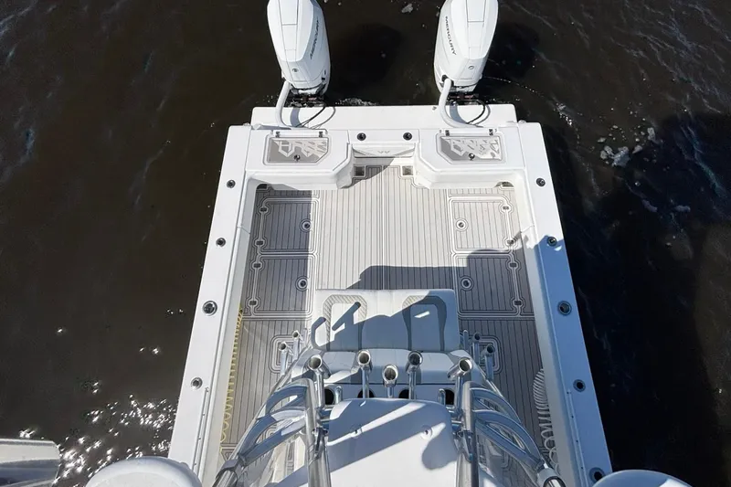  Yacht Photos Pics Top view of 2020 Custom HHH 35LX Catamaran deck with dual outboard motors.