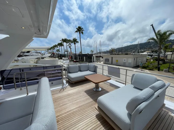 Melita Yacht Photos Pics Luxurious Azimut 60 Flybridge 2023 yacht deck with elegant seating and scenic marina view.