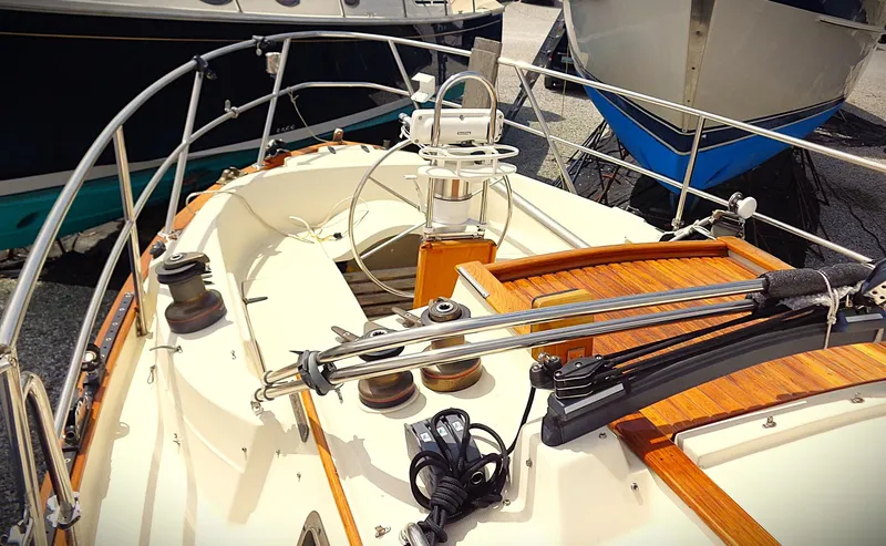 Scout Yacht Photos Pics Deck view of a 1998 Pacific Seacraft 34 sailboat, showcasing winches and rigging.