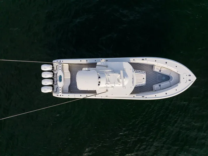  Yacht Photos Pics Aerial view of 2022 Yellowfin 42 boat with four outboard motors.