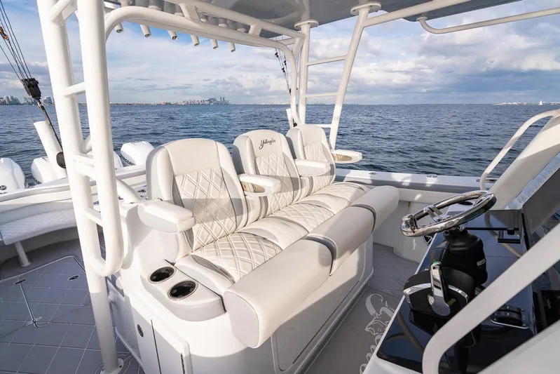  Yacht Photos Pics Luxurious seating on a 2022 Yellowfin 42 boat with ocean view.