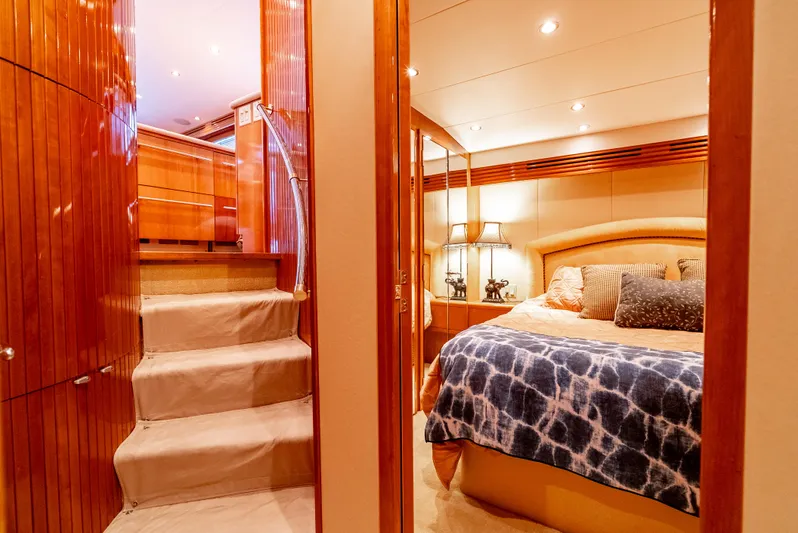 Determined Yacht Photos Pics Luxurious bedroom interior of 2003 Hatteras 60 Convertible yacht with elegant wood finishes.