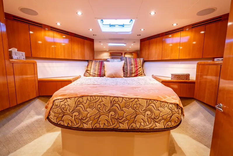 Determined Yacht Photos Pics Luxurious bedroom interior of 2003 Hatteras 60 Convertible yacht with elegant wood finish.