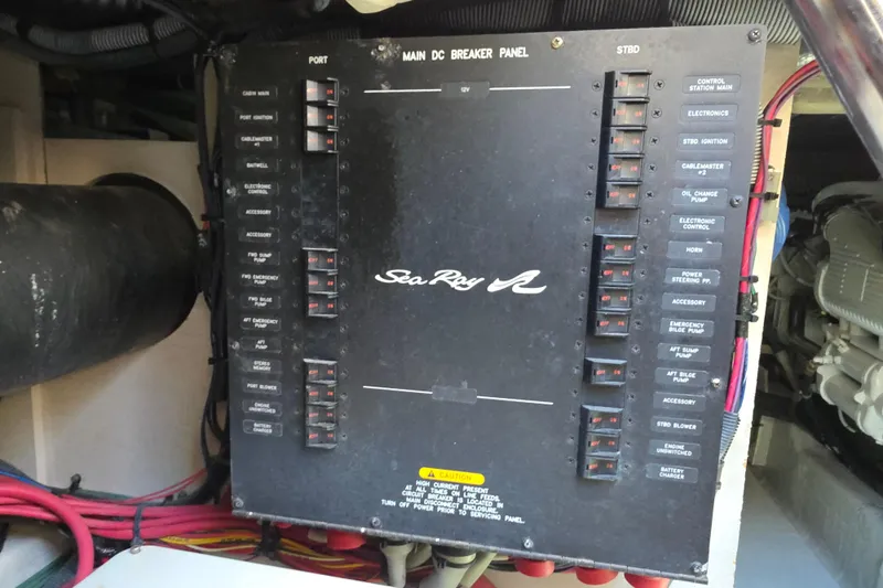 Megusta Yacht Photos Pics Main breaker panel of 2007 Sea Ray 44 Sedan Bridge yacht, showing various electrical switches.